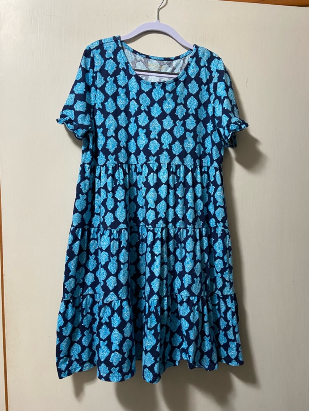 Lilly Pulitzer girls Navy Dress with Teal Print - Tiered Short Sleeve